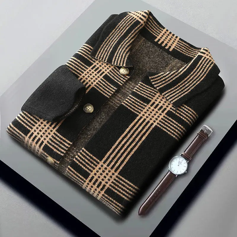 

High-End Luxury Brand Men's Knitted Cardigan Lapel Striped Sweater Jacket Autumn Winter Korean Classic Business Men's Clothing