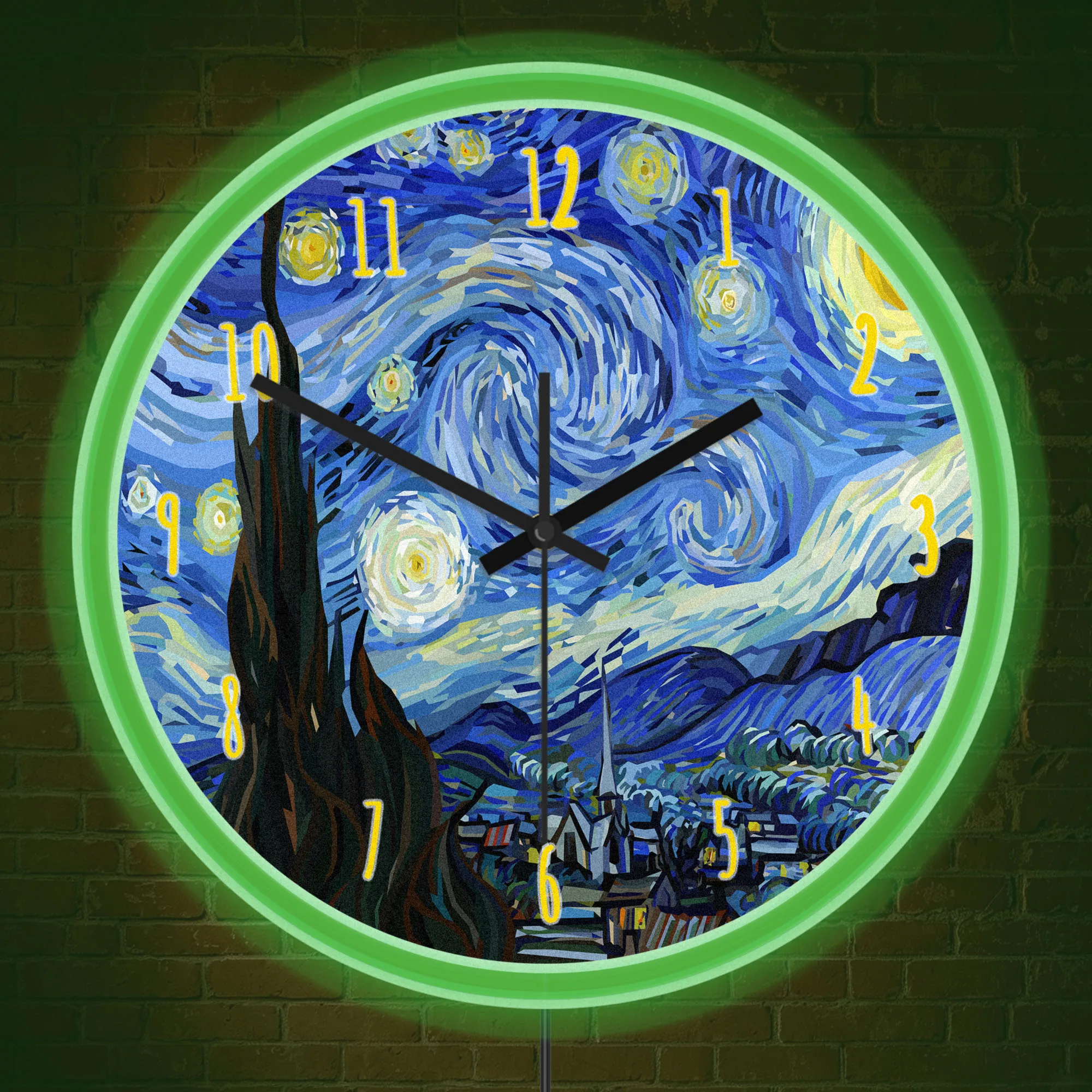 The Starry Night Famous Painting LED Neon Rim Night Light Wall Clock for Art Studio Van Gogh Masterpiece Glow in Dark Wall Clock