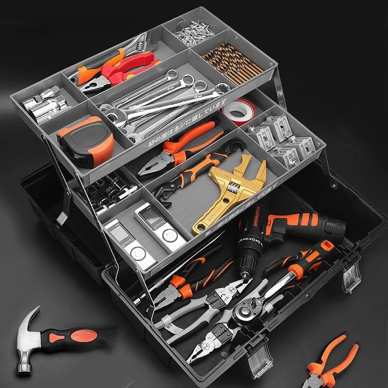3 Tier Foldable Portable Toolbox Tool Organizer Heavy Duty Plastic Carry Case Multifunctional Electrician Mechanic Home Repair