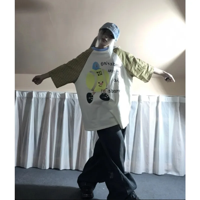 T-shirt à manches courtes et col rond pour femmes, mignon, imprimé de dessin animé de tennis, épissage, séchage rapide, marque tendance, ample, haut décontracté