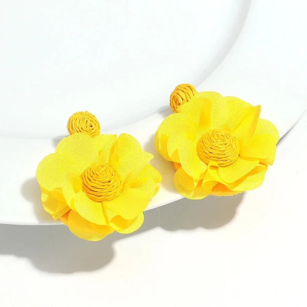 Korea Colorful Lafite Chiffon Earrings Exaggerated Boho Style Long Drop Earrings Handwoven 3D Flower Fabric Earring Beach Party