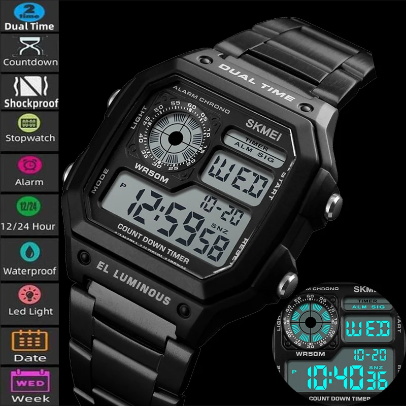 

Skmei Luxury Brand Gold Men's Watches Stainless Steel Fashion Casual Waterproof Digital Men Watch Sports Clock Man Relogio