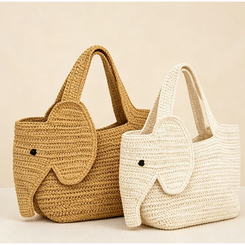 Elefantenförmige Raffia Handgewebte Strohtasche, Damen Schultertasche, Sommer Strand Urlaub Seaside Casual Tragetasche, Leichtgewichtig – Detail 15