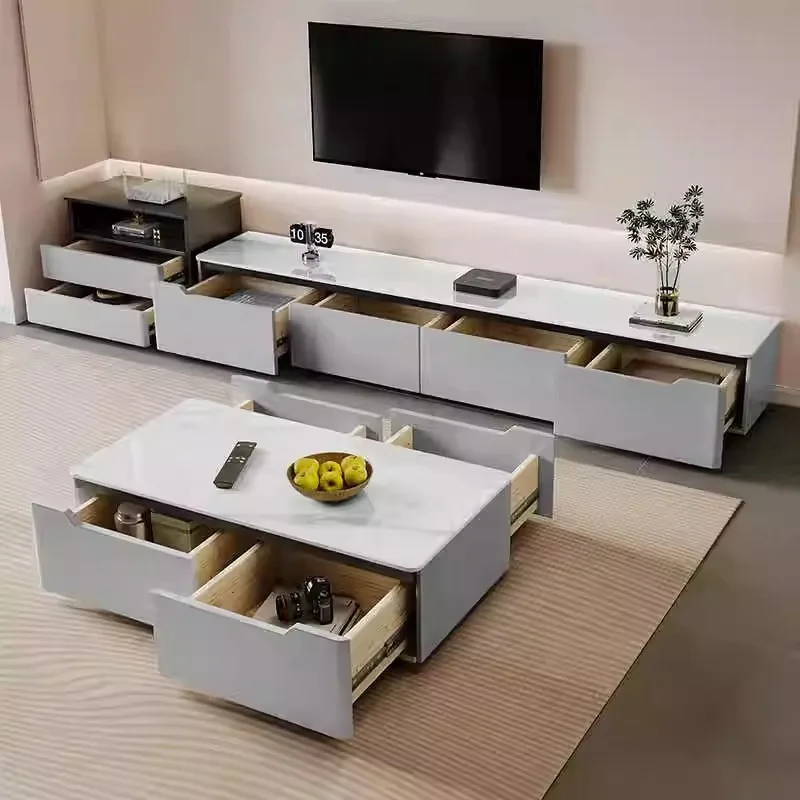 مجموعة طاولة القهوة لخزانة التلفاز المصنوعة من الخشب الصلب بالكامل، وخزانة تلفزيون منزلية فاخرة وخفيفة للشقة الصغيرة