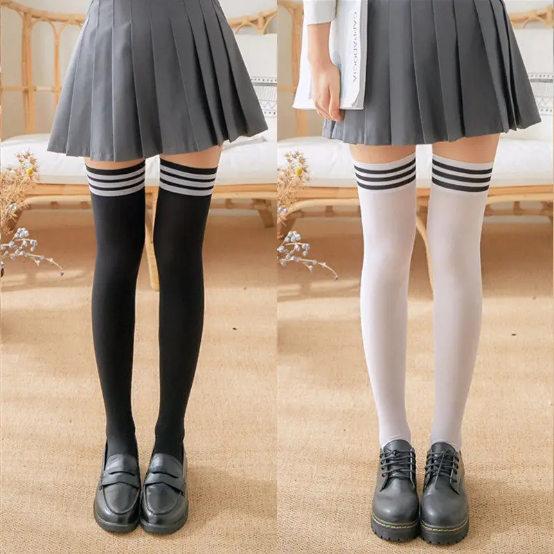Women Over Knee Socks Thigh High Sock Girl Black White Half Stockings Girl Long Pack Of Striped  Female