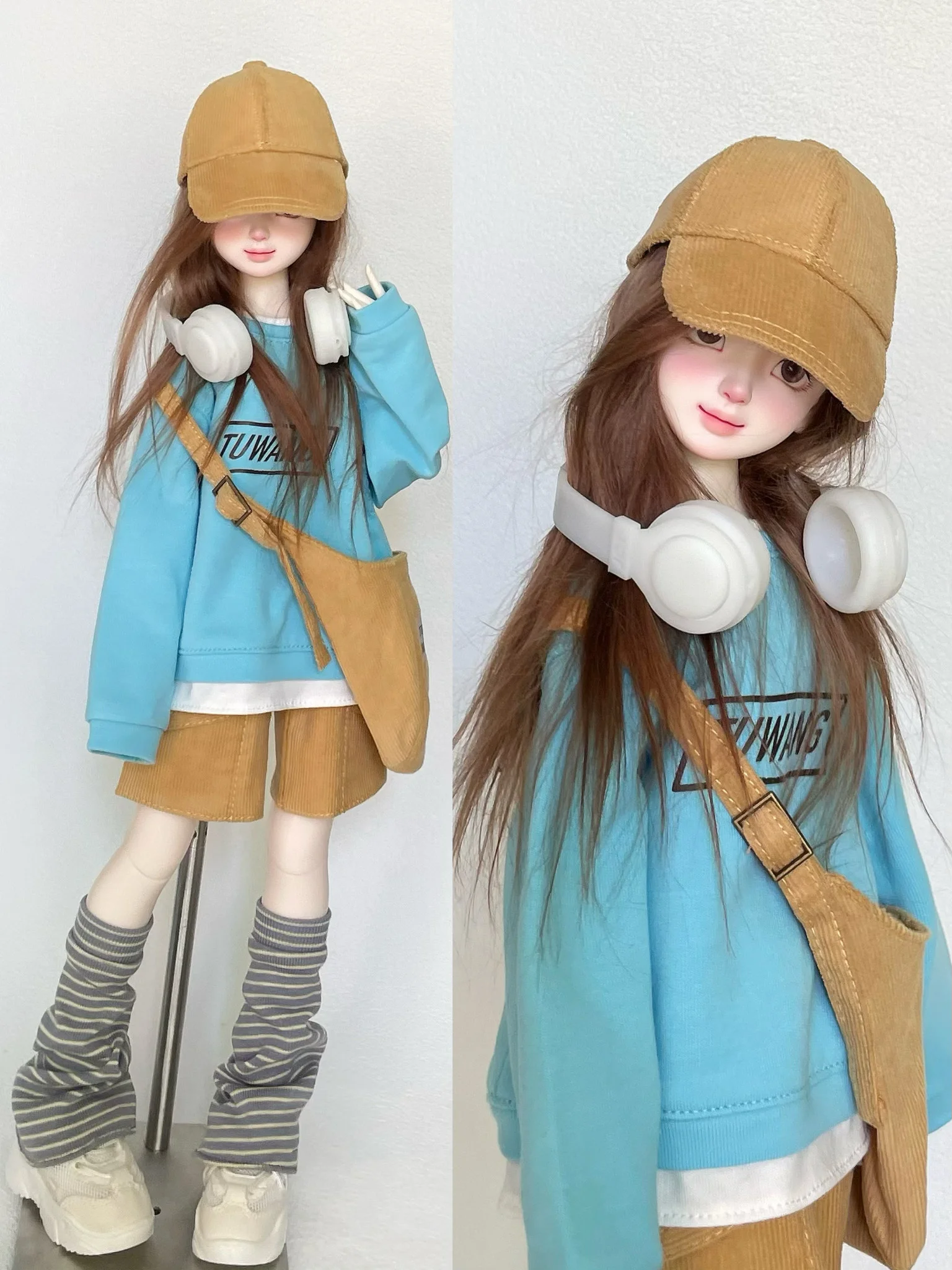 

BJD (1/4 BJD Doll Clothes) Baby Clothes Fake Two-Piece Hoodie Corduroy Shorts Bag Leg Covers Muffs Cap