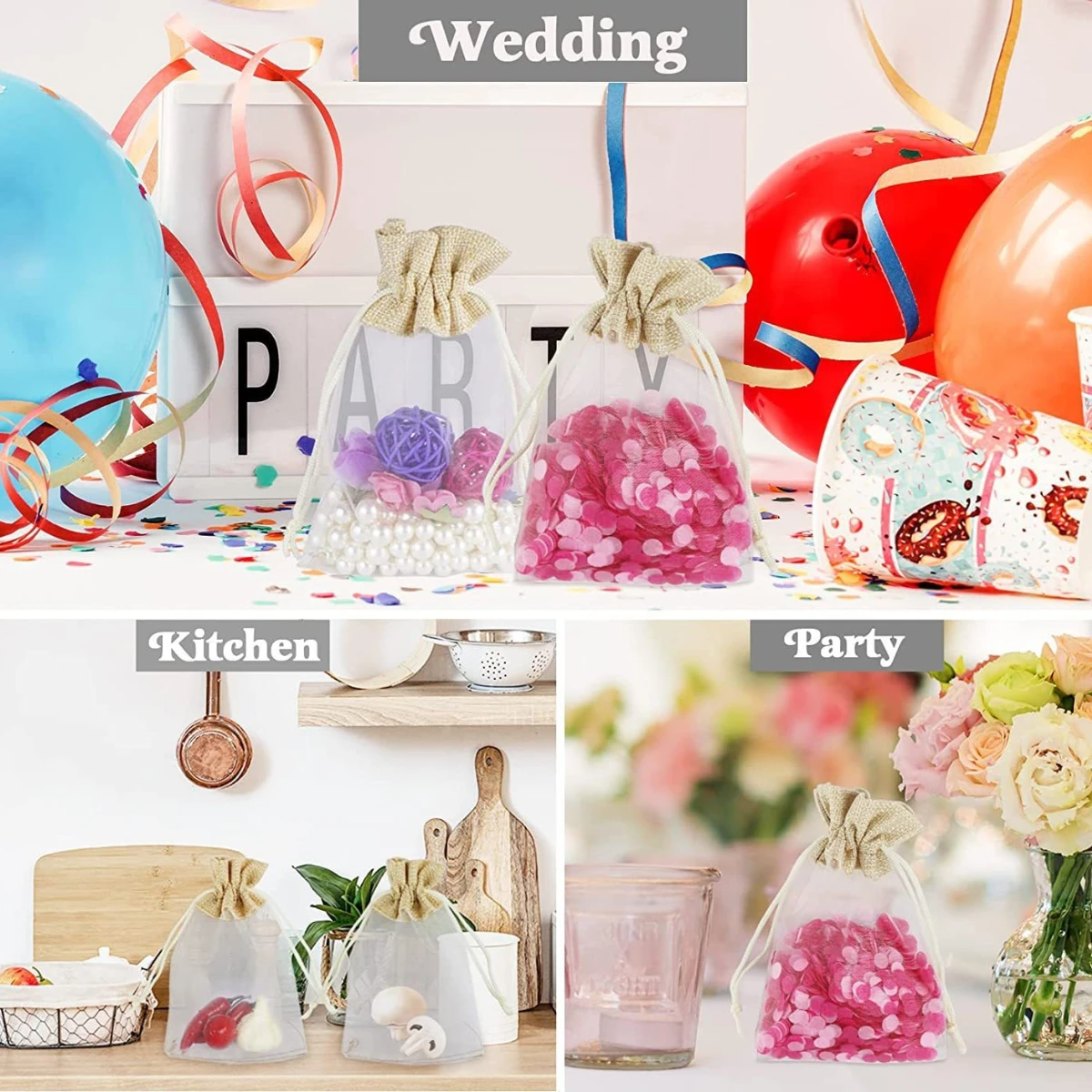 10 Stück gespleißte Organza-Jute-Beutel mit Kordelzug, transparente Mini-Geschenkbeutel für Weihnachten, Hochzeit, Party, Gastgeschenke, Aufbewahrung zu Hause – Detail 7