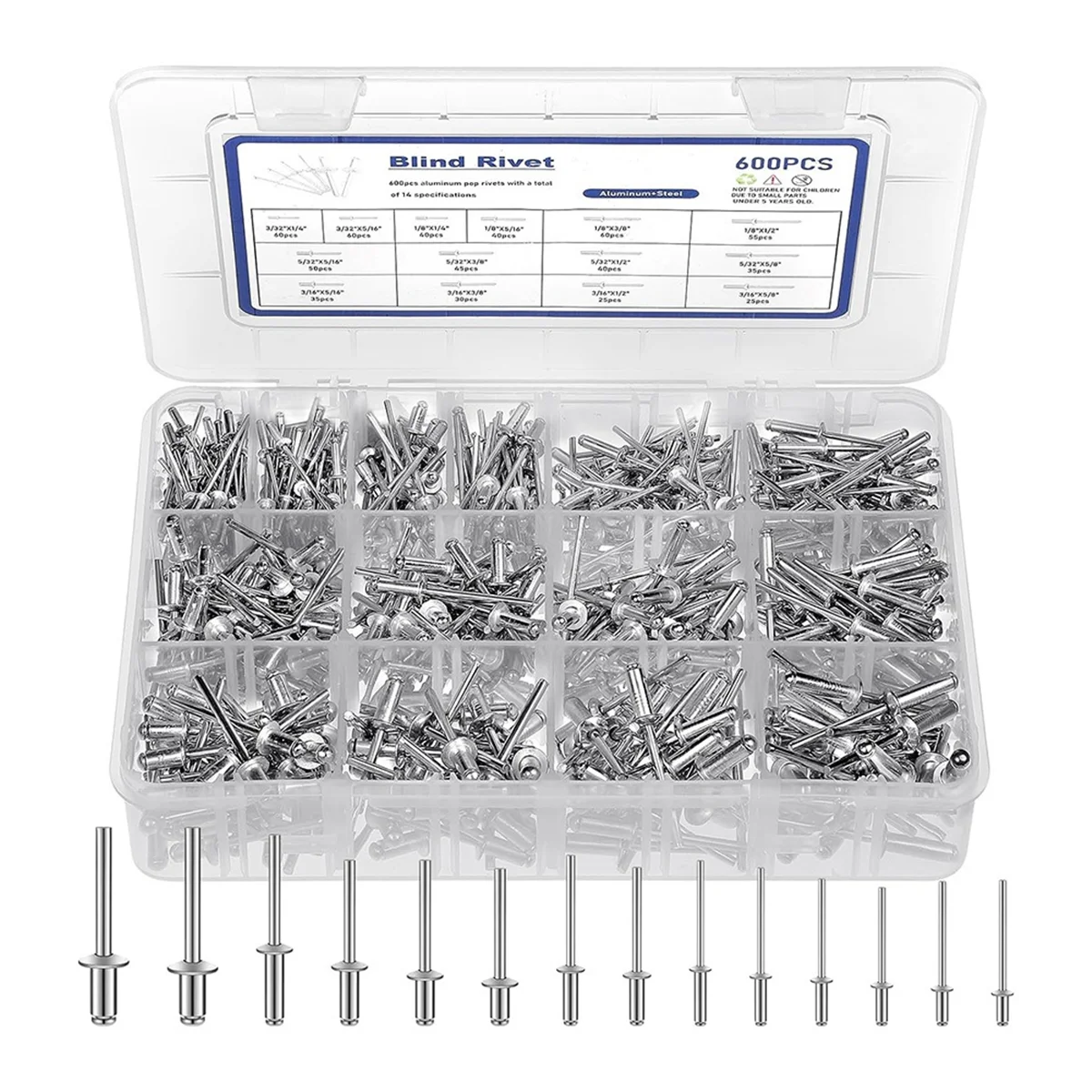 600 Pcs 14 Size Pop Rivets Assortment Kit Aluminum Rivets (3/32 Inch 1/8 Inch 5/32 Inch 3/16 Inch),Assorted Blind Rivets