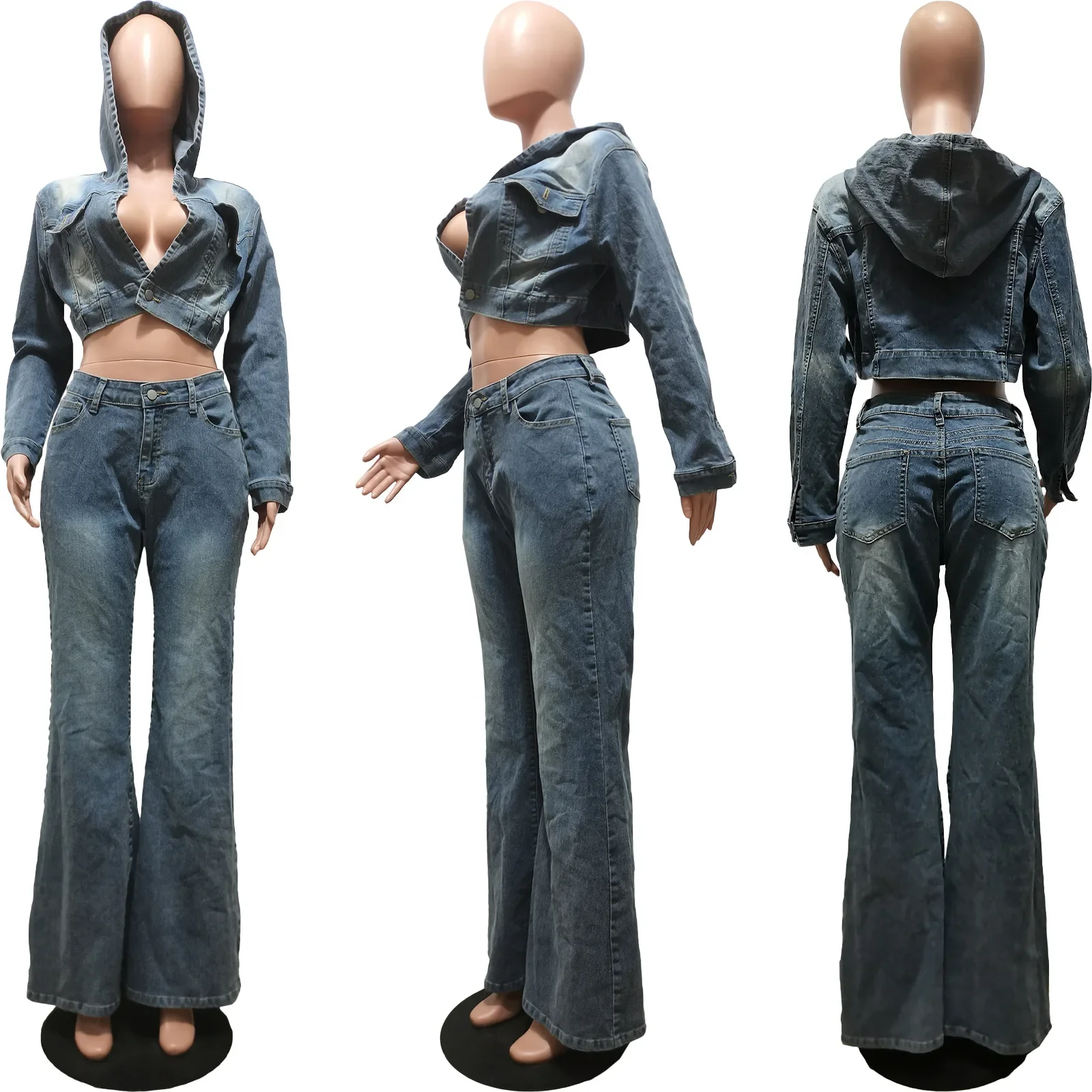 Denim Matching Flared Pants Set Vendors Jeans Outfits Street Jeans and Jacket Denim Two Piece Sets for Women