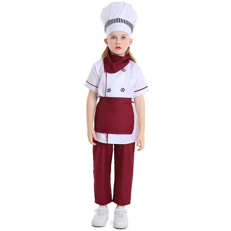 Kids Chef Jackets Kitchen Roleplay Uniform Cook Hat Restaurant Cosplay Costumes Halloween Children Waiter Waitress Clothing Sets