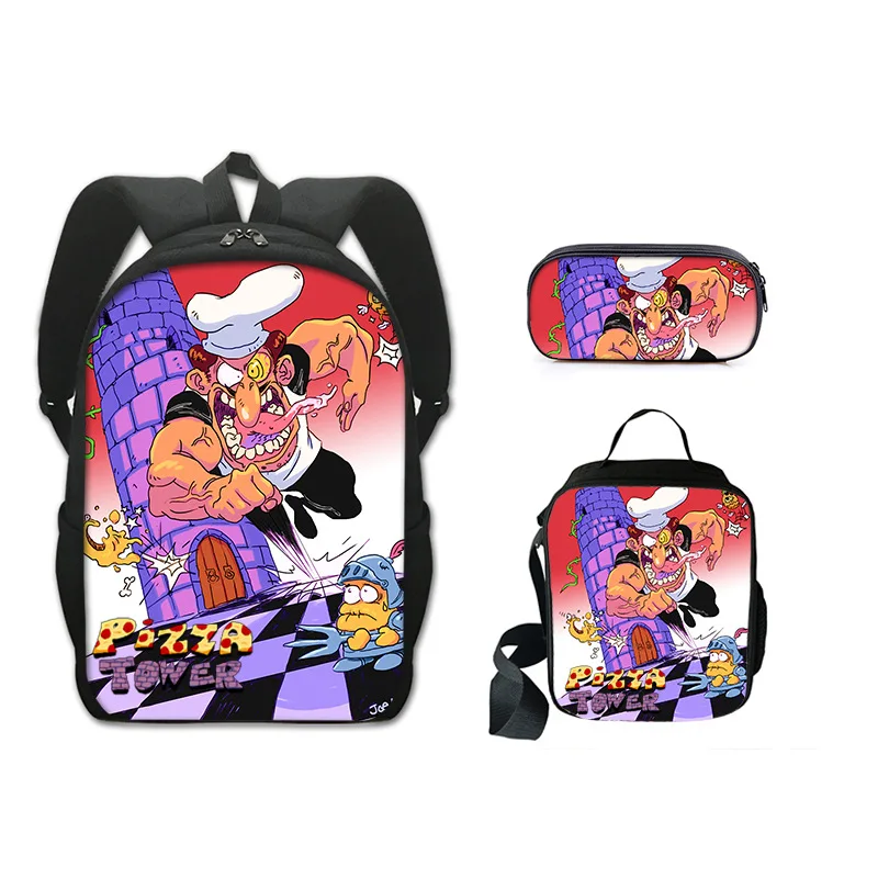 3D Pizza Tower Pepperman Backapck 3psc/set Boys Girls Primary Middle School Students Schoolbag Lunch Bag Pencil Bag Backpacks