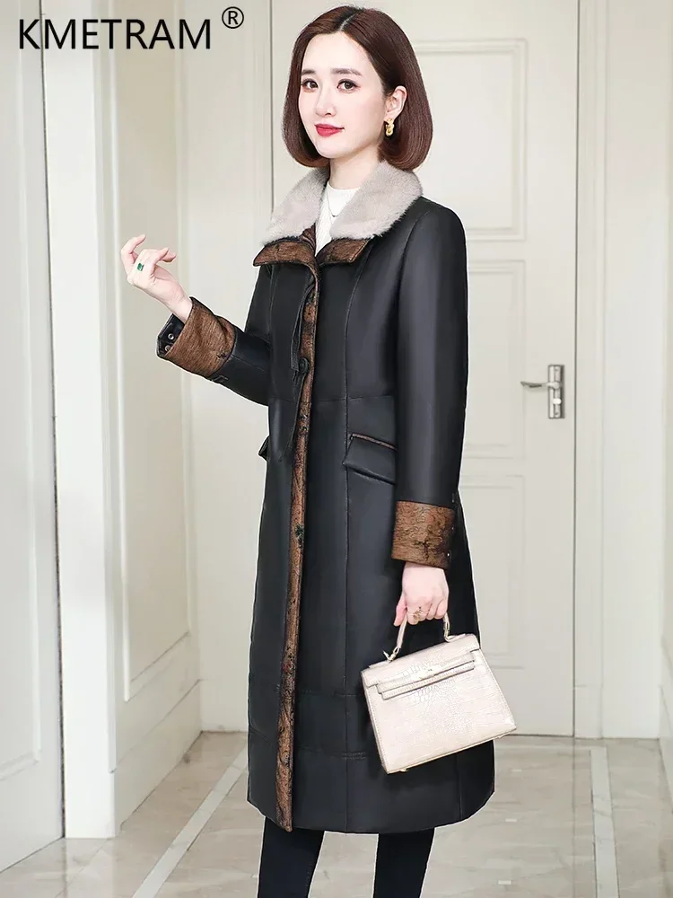 Genuine Sheepskin Leather Trench Coat for Women Winter 2024 Long Down Coats Luxury Mink Fur Collar Warm Puffer Jacket Chaquetas