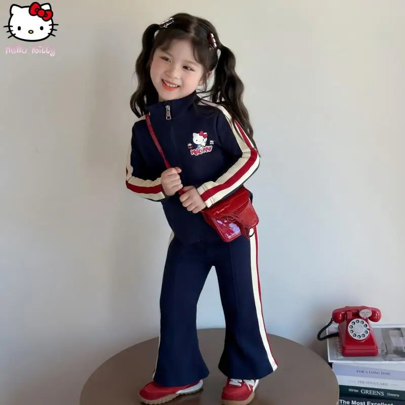 

Girls Hello Kitty Cardigan Sports Set Anime Cartoon Spring Autumn Clothing Kawaii Girl Clothing Sanrio New Jacket Straight Pants
