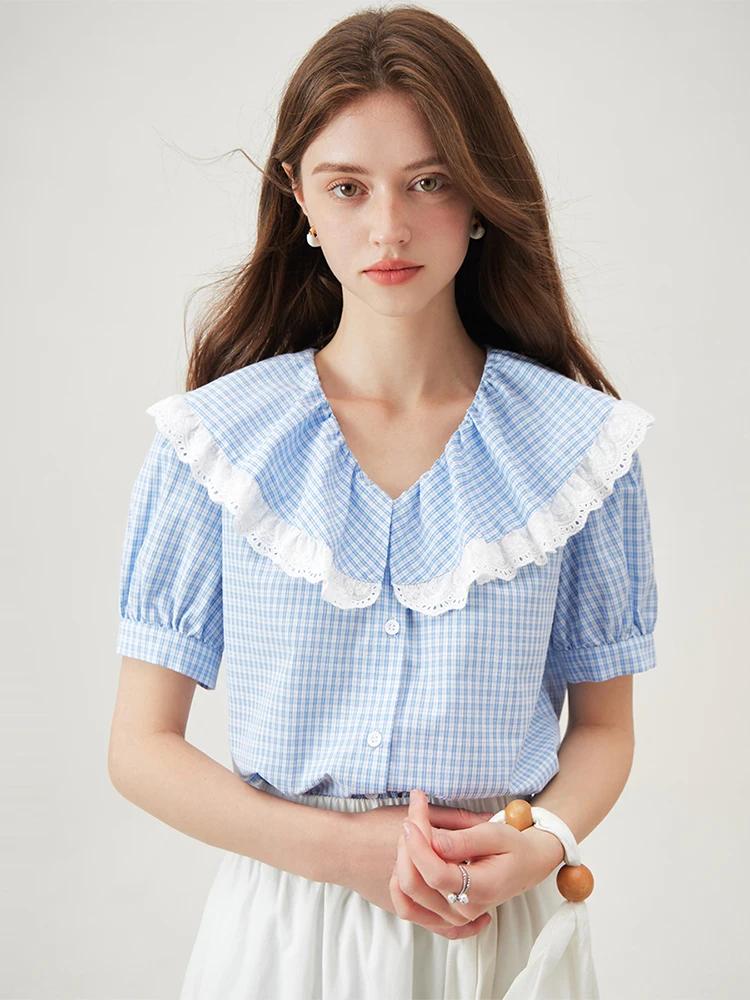 

FSLE Blue White Plaid 2024 Summer Thin Cotton Blouses Peter Pan Collar Short Sleeve Sweet Short Loose Shirts 24FS12950