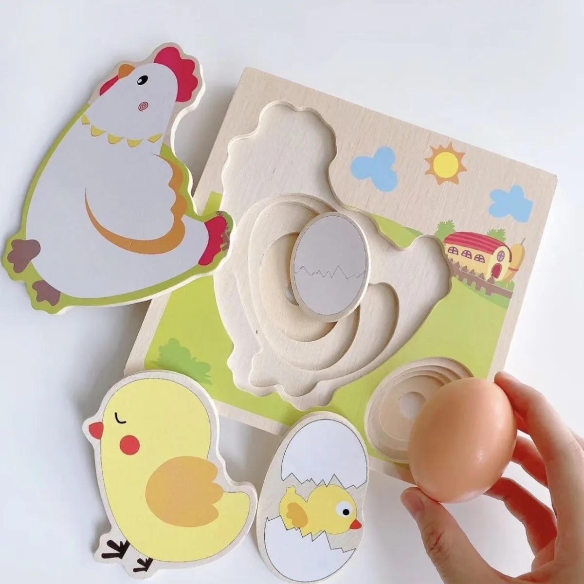 Wood 3D Puzzle Chick Grow Hens Laying Eggs Process Jigsaw Learning Education Montessori Toys