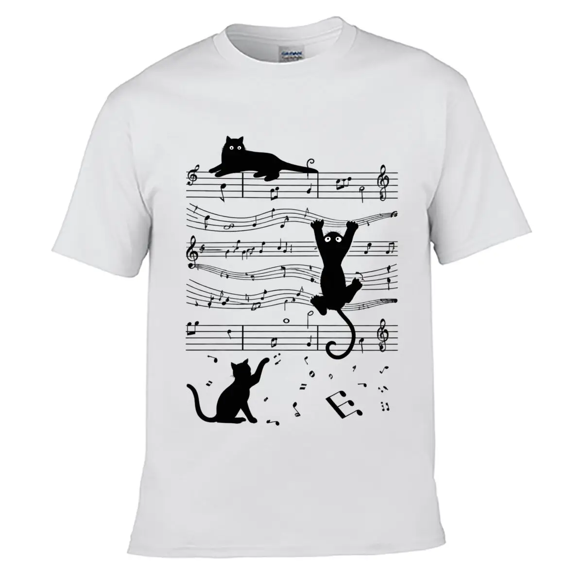Funny Black Cats Musical Staff Notes Silhouette Men Summer Washed Tee Loose Distressed Top