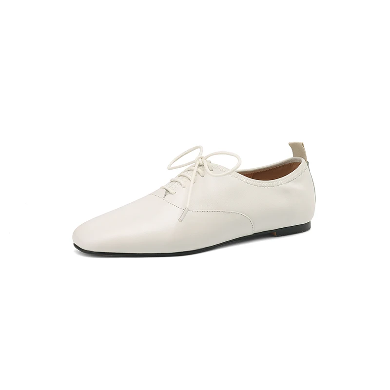2026spring autumn women pumps natural leather plus size 22-29cm cowhide+pigskin square toe lace-up loafers low heel women shoes