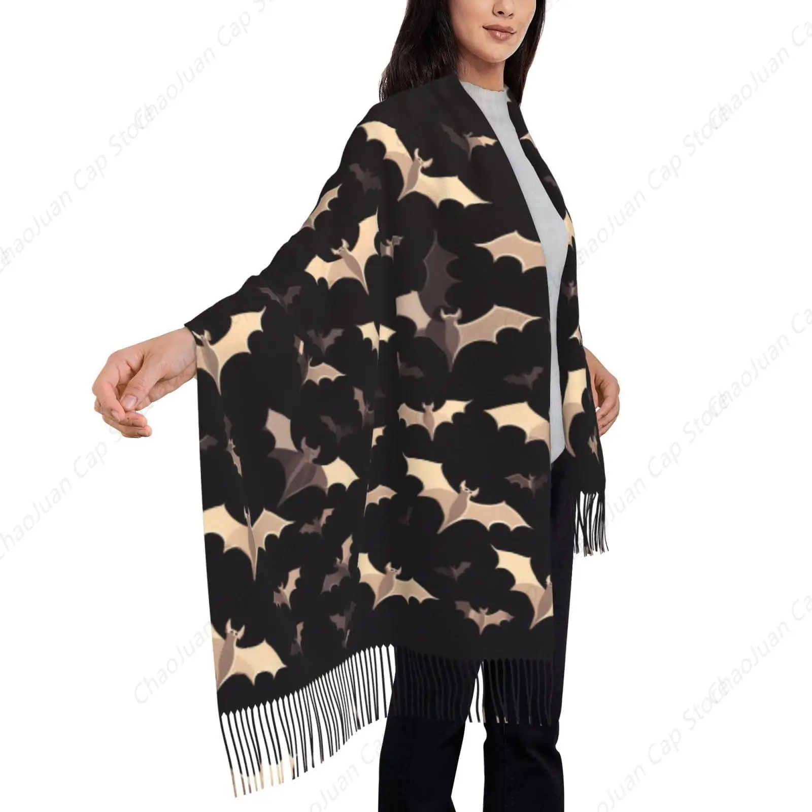 

Womens Scarf Halloween Flying Bats Classic Tassel Pashmina Shawls and Wraps Soft Fall Winter Warm Scarf