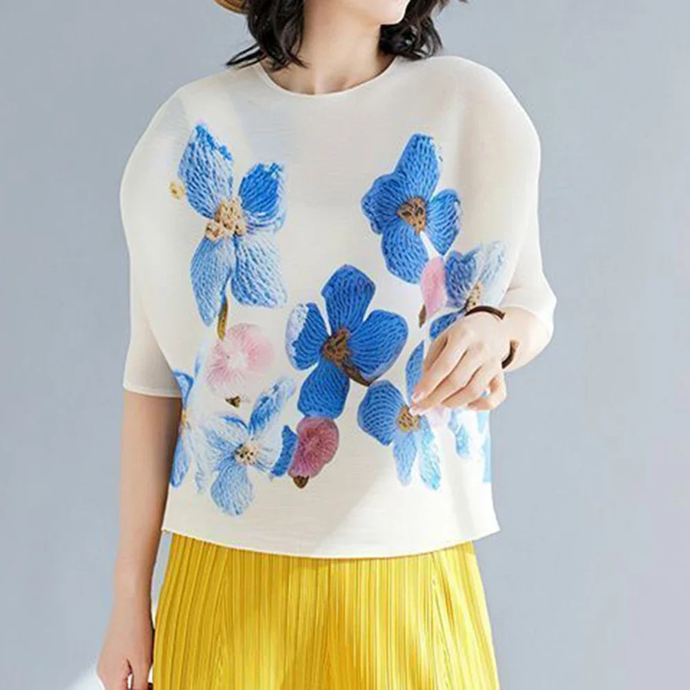 Loose Top Printed with Loose Seven Quarter Sleeves T-shirt, High-end Women's Thin Vintage Korean Women Clothing T Shirts