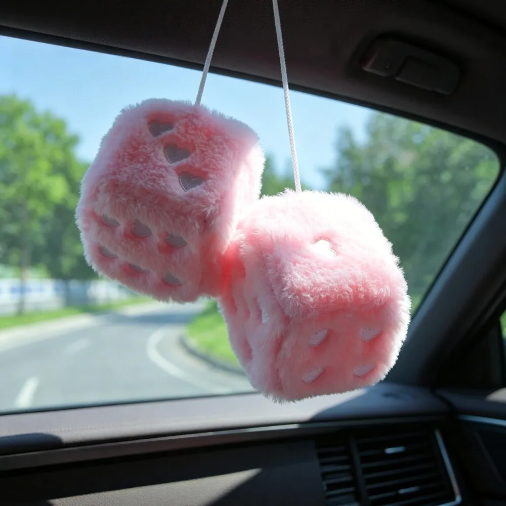 Lucky Plush Dice Pendant with Embroidery Dots & Heart Pattern Pink Soft Car Rearview Mirror Ornament Auto Interior Decoration