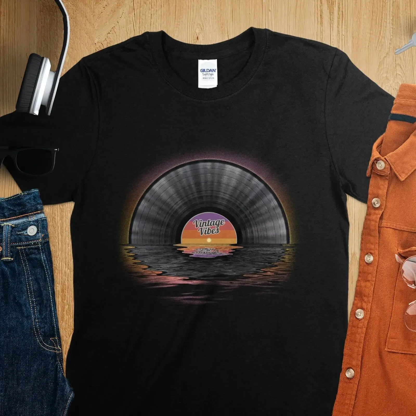 Retro Vinyl Record Reflection T-Shirt Vintage Vibes Graphic Tee Music Lover Gi