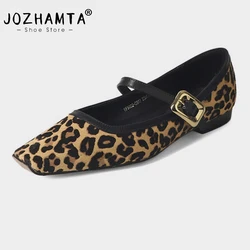 JOZHAMTA Size 34-39 Women Ballet Flats Shoes Casual Soft Leather Horsehair Low Heels Shoes Buckle Strap Leopard Lady Daily Dress