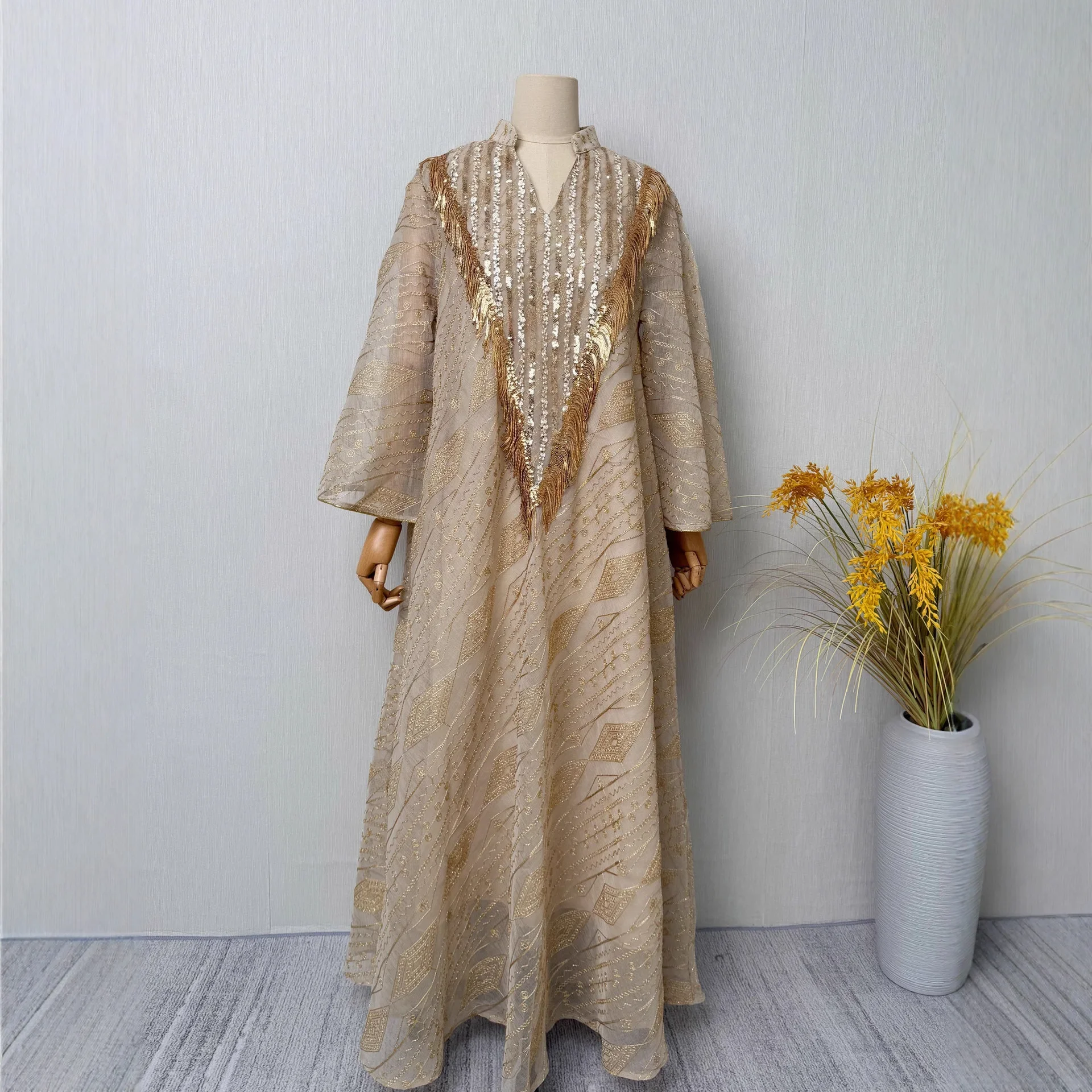 Abaya Opulent Muslim Featuring Gold Trimmed Embroidery and Textured Patterns A Statement Piece for Middle Eastern Formal Gatheri