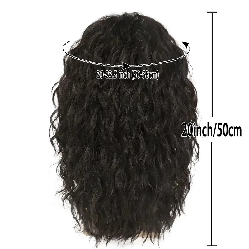 20 Inch Dark Brown Wigs Synthetic Unisex Long Wavy for Men Halloween Costume Cosplay Heavy Metal Rocker Wig Heat Resistant yi;4