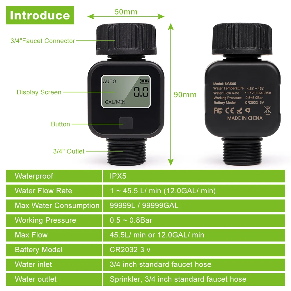 Digital Water Flow Meter High Accuracy IP6X Measure Water Consumption and Flow Rate for Outdoor Garden Watering Irrigation Hose