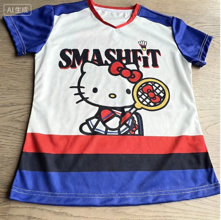 2026 مرحبا كيتي قصيرة الأكمام ثلاثية الأبعاد تي شيرت مطبوع التجفيف السريع الريشة تنفس التدريب الرياضي امتصاص العرق الرجال والنساء