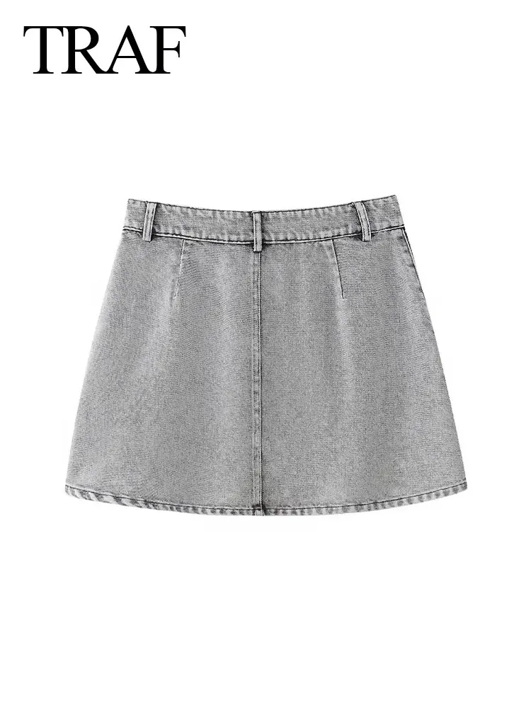 TRAF 2024 Summer New Women's Denim Skirt  Artificial Pearl Slim Zipper Fly A-line Mini Skirts Unique Pocket Wild Woman Skirt Y2K