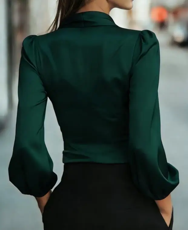 Women Blouse 2026 New Spring Autumn V-Neck Long Sleeve Satin Solid Color Waist Cinched Lace Up Casual Daily Top