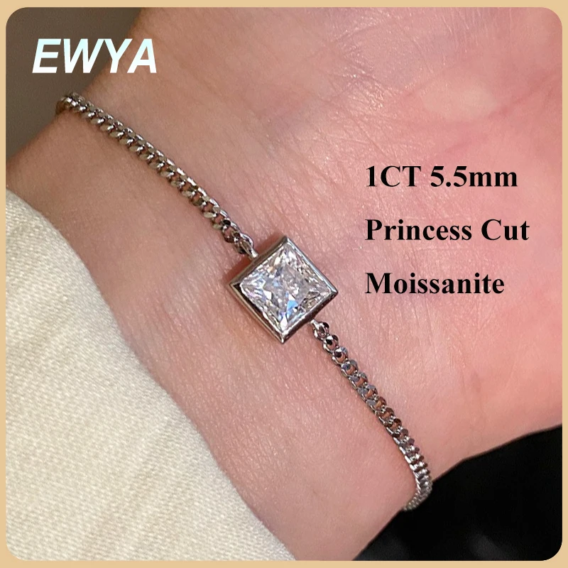 EWYA 1CT Princess Cut Certified Moissanite Link Bracelet for Women S925 Silver Pass Diamond Test Cuban Chain Fine Jewelry Gift