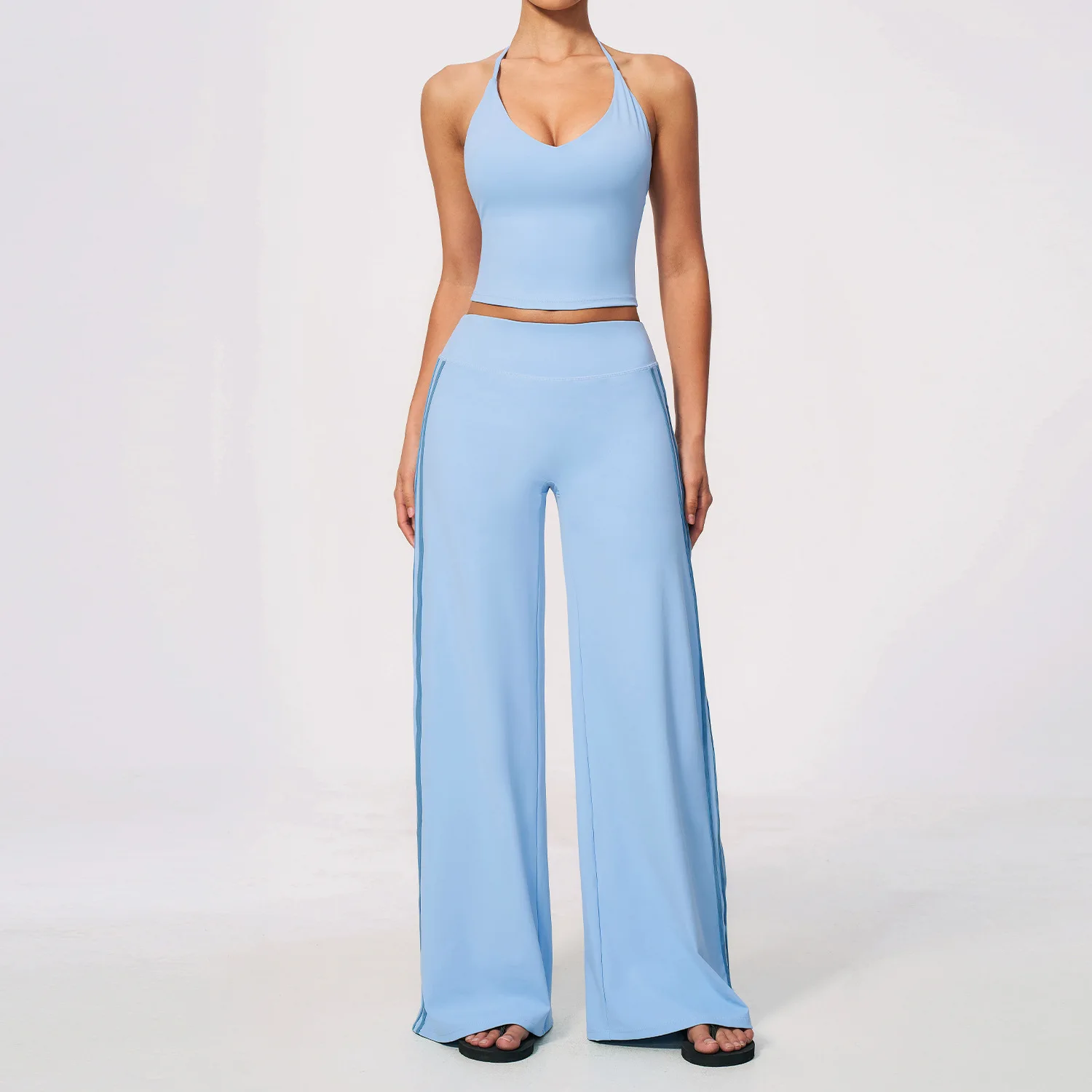 Contrast Color Yoga Set Backless Halter Sports Vest High Waist Wide Leg Pants Tracksuit Hip Lifting Workout Fitness Running Suit