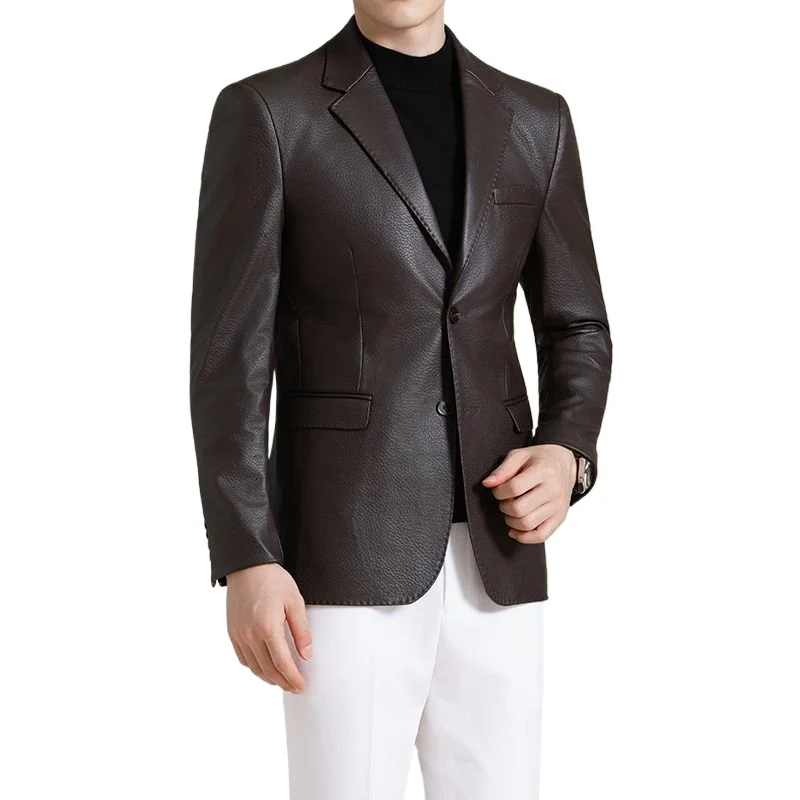 

Men's Fashion PU Leather Jacket 2025 Autumn New Collection Collar Slim Fit Men Casual Motorcycle Jacket Long Sleeve Suit Jacket