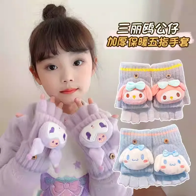 

Winter Cinnamoroll My Melody Anime Kawaii MINISO Warm Children Gloves Cute Kuromi Lovely Doll Clamshell Thick Gloves Gifts