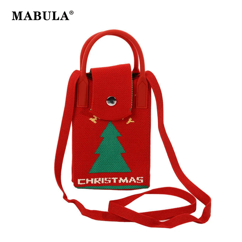 

MABULA Christmas Cartoon Pattern Knitted Phone Purse Christmas Tree Snowmen Ladies Cute Hobo Handbag Crossbody Shopping Pouch