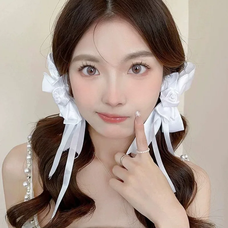 2pcs Korean Lace Flower White Bow Ribbon Hair Clip for Women Hairpin Bullet Style Side Shredded Hairpins Headpiece Clip Headwear