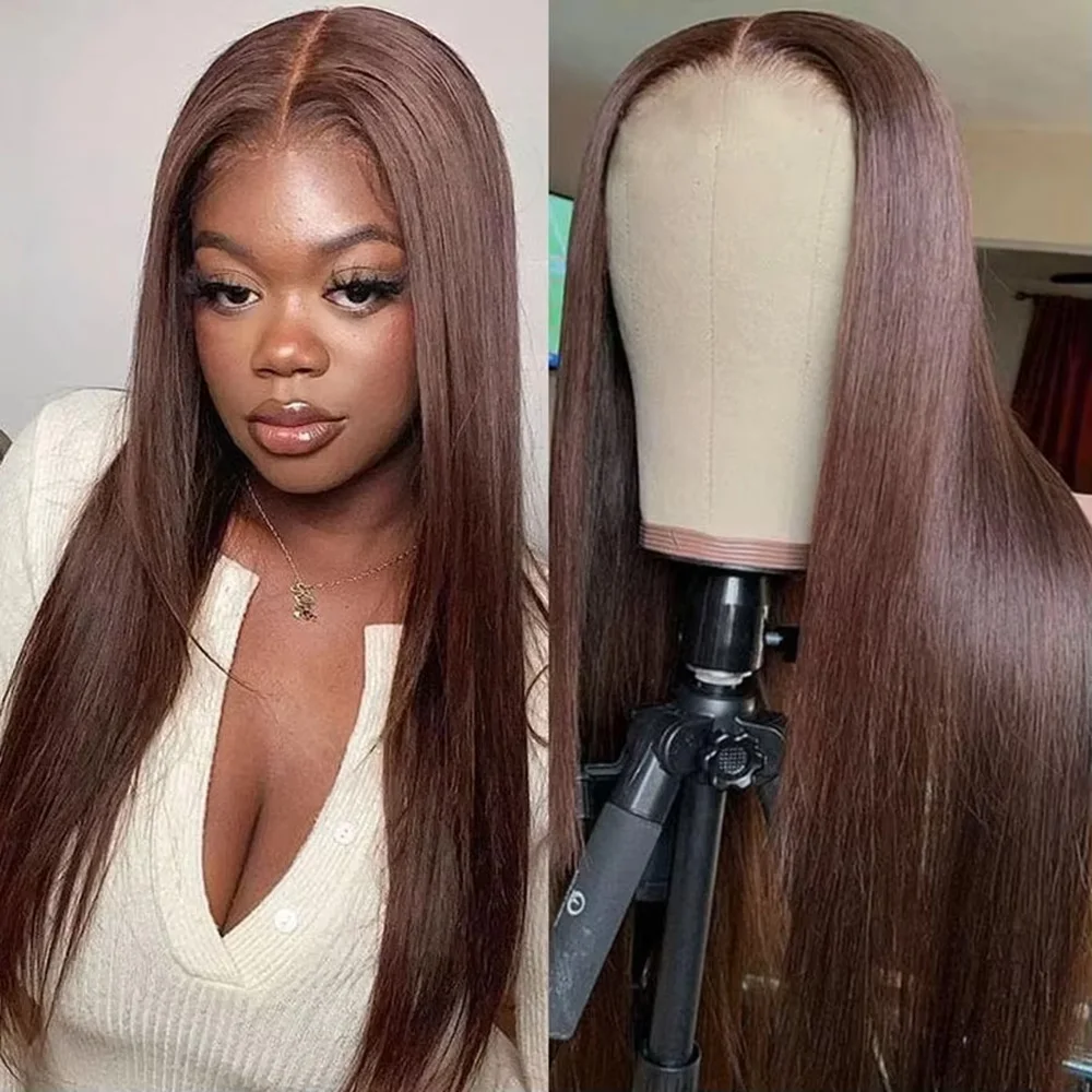 

Шоколадно-коричневый парик с кружевной передней частью из натуральных волос, плотность 200% # Прямой парик с кружевной вставкой 13x6 HD, прозрачное кружево, предварительно выщипанные волосы, без клея