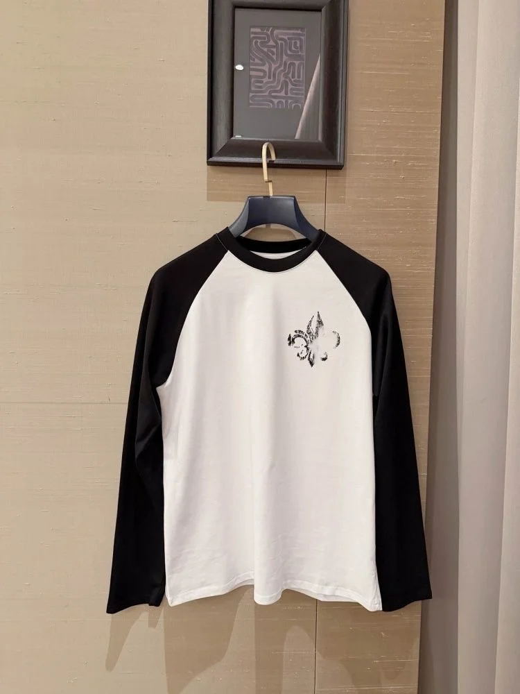 Loose Long Sleeve round Neck T-Shirt Women's Color Block Sleeve Head Printed Casual Top Korean Style Commute Fashion Autumn Wear