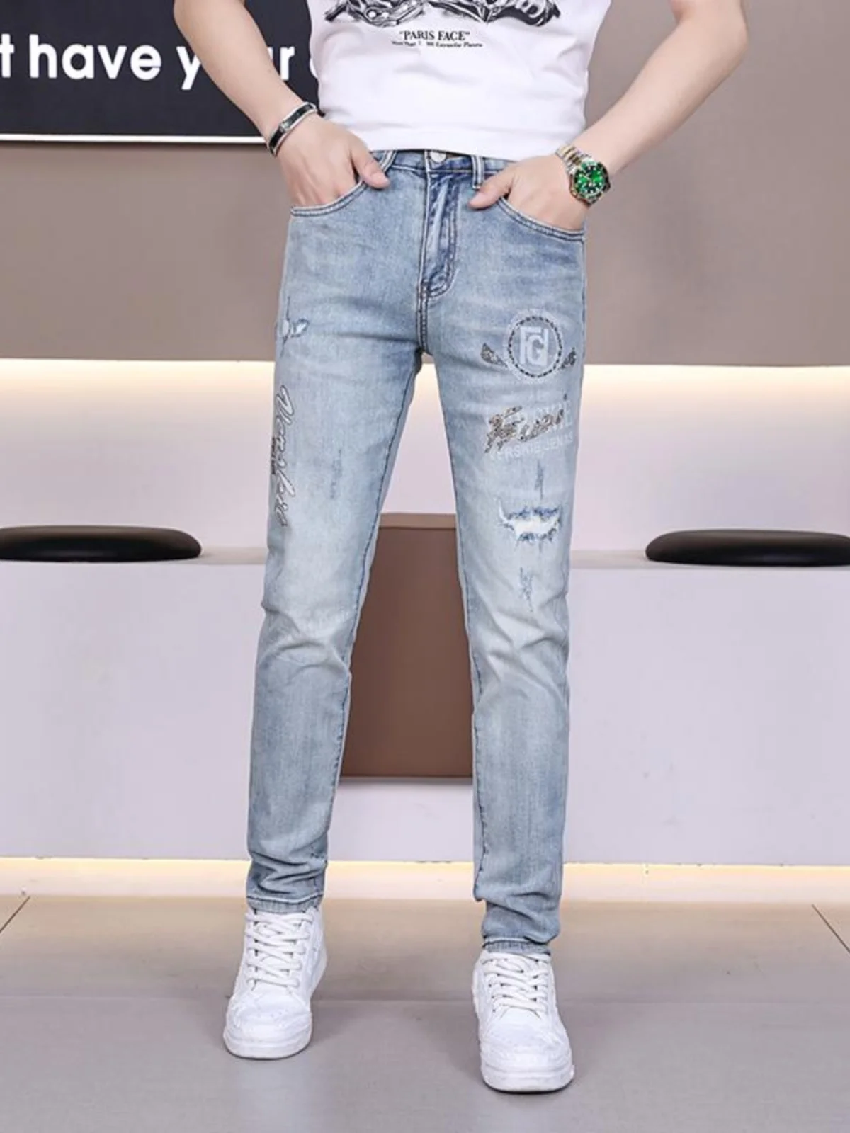 

Модные синие джинсы с принтом Slim Fit для мужчин, весенне-осенние, с термотрансферным рисунком в виде ромбов, повседневные длинные брюки, молодежная одежда