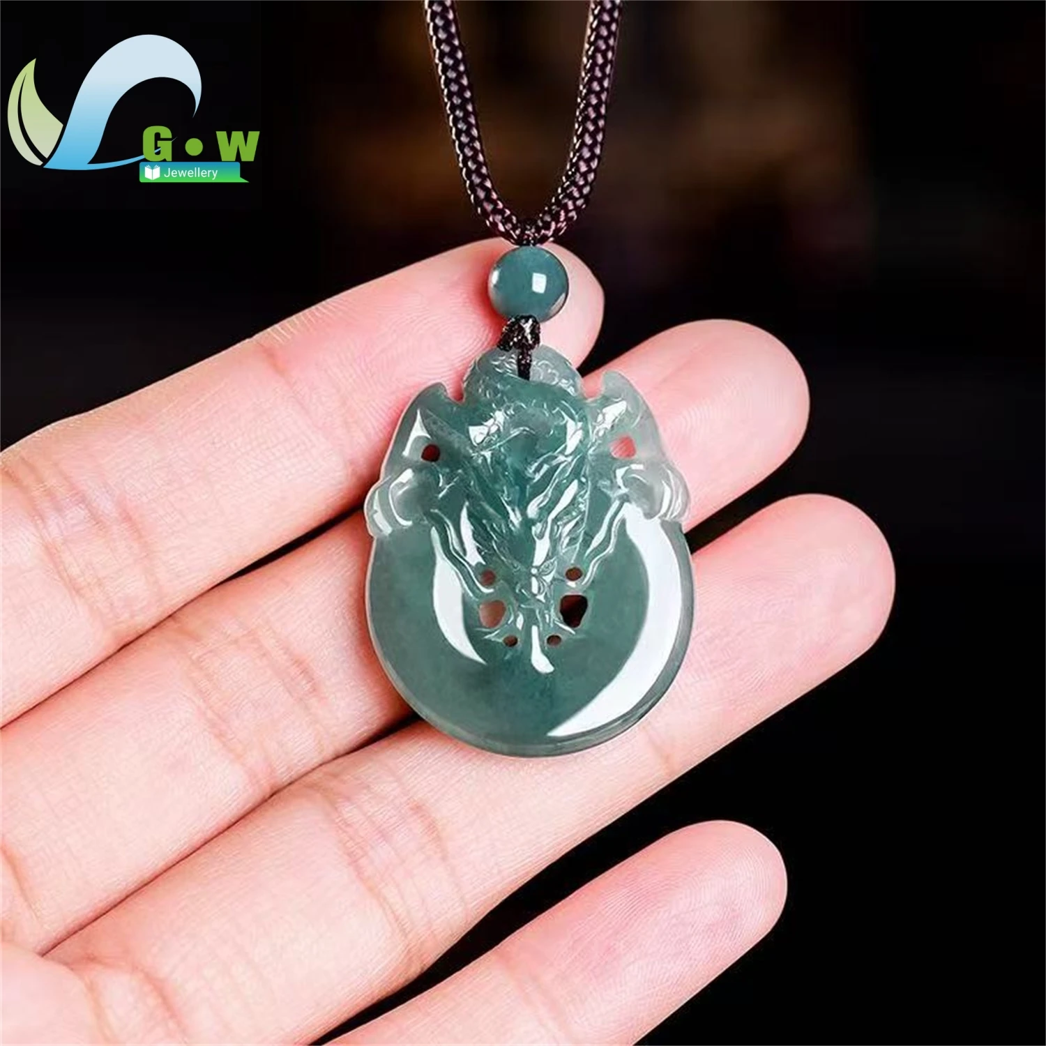 Natural A Grade Jadeite Blue Water Dragon Drawing Water Plaque Pendant Hollow Carved Icy Hanging Ornament Unisex Jewelry Gift