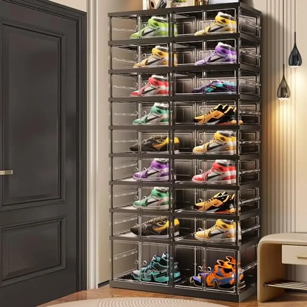 Foldable 9-Tier Shoe Rack Storage Organizer Stackable Clear Plastic Cabinet Shelf