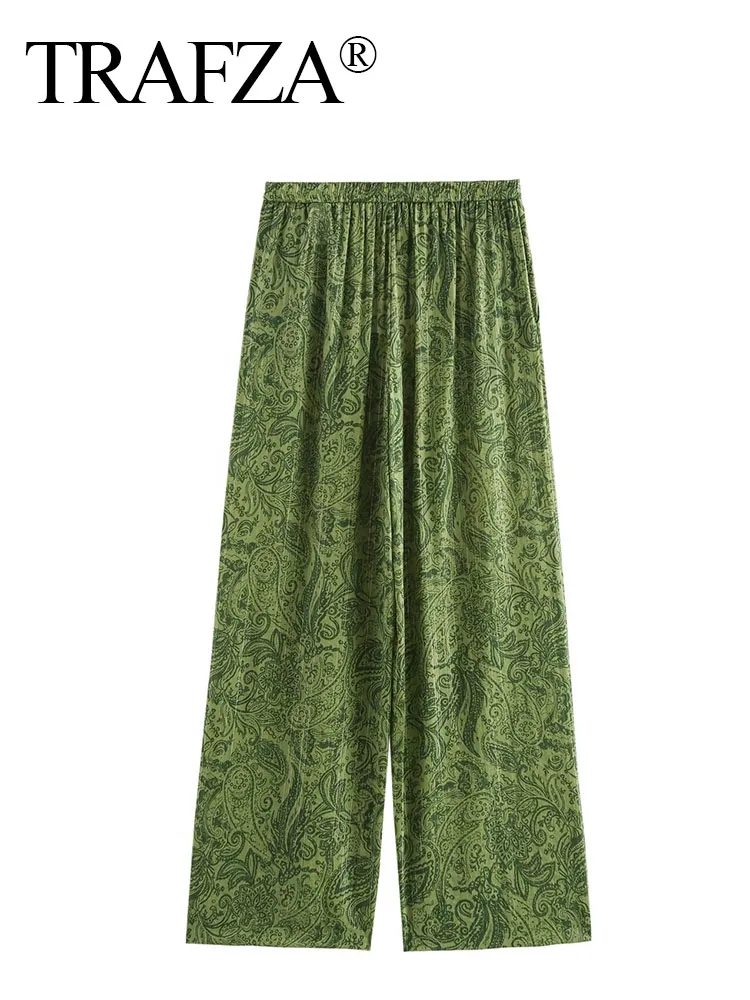 TRAFZA 2024 Woman Side Pockets Slim Casual Wide Leg Pants Women Retro Green Print Drawstring High Waist Chic Loose Trousers