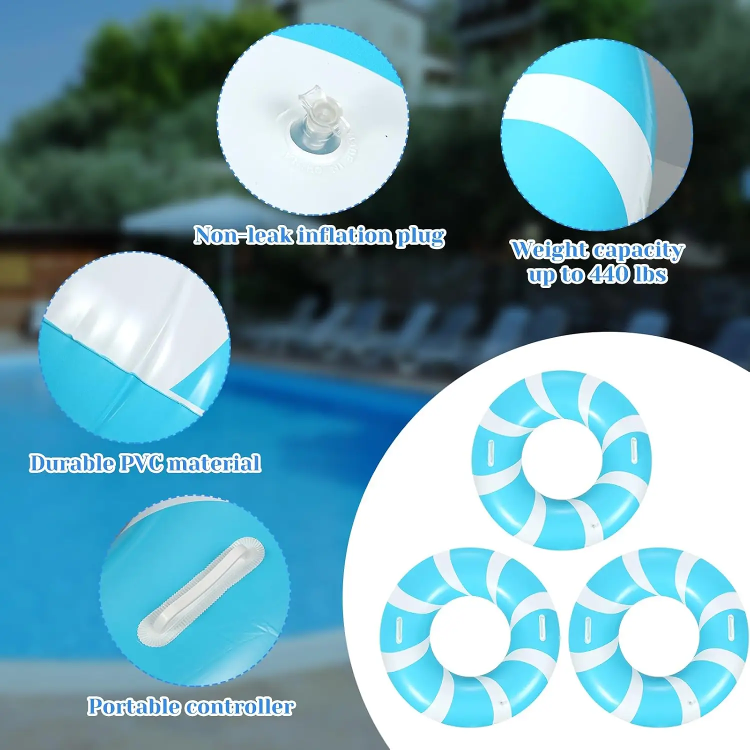 Anneau de natation gonflable de 39.4 pouces, 3 pièces, avec imprimés amusants, flotteurs de piscine rayés, Tubes de piscine gonflables, plage flottante d'été