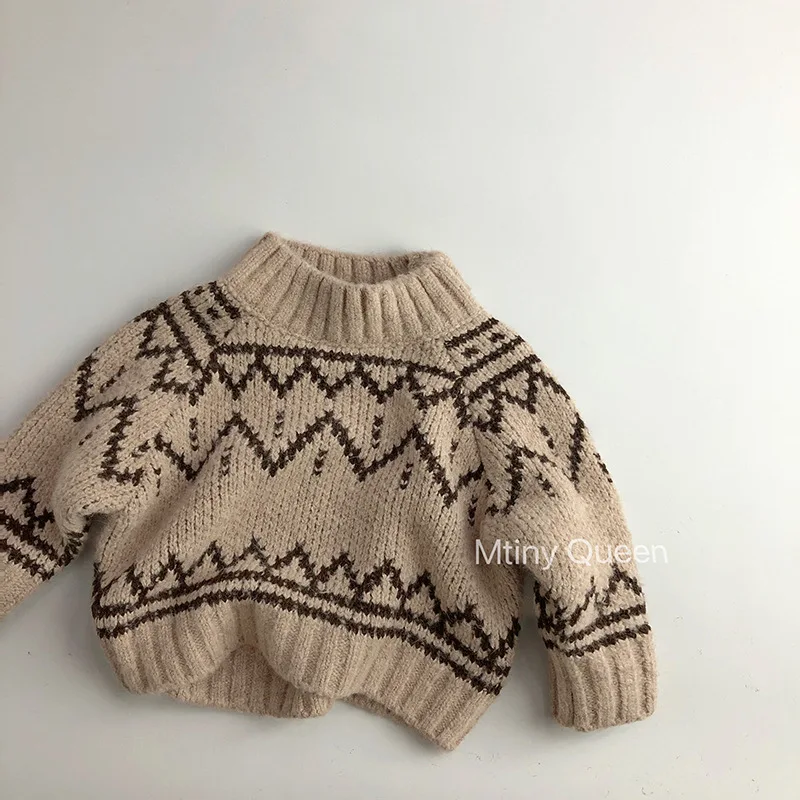 Autumn New Children Half High Collar Jacquard Sweater Baby Girls Versatile Knit Pullover Boys Loose Casual Knitwear Kids Clothes