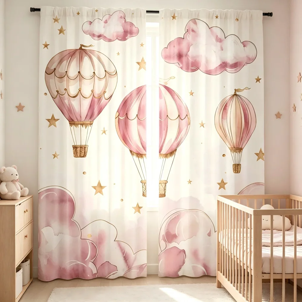 2PCS Digital Printed Curtain, Pink Hot Air Balloon Clouds and Stars, Dreamy Romantic Style Window Drapes for Girls Bedroom