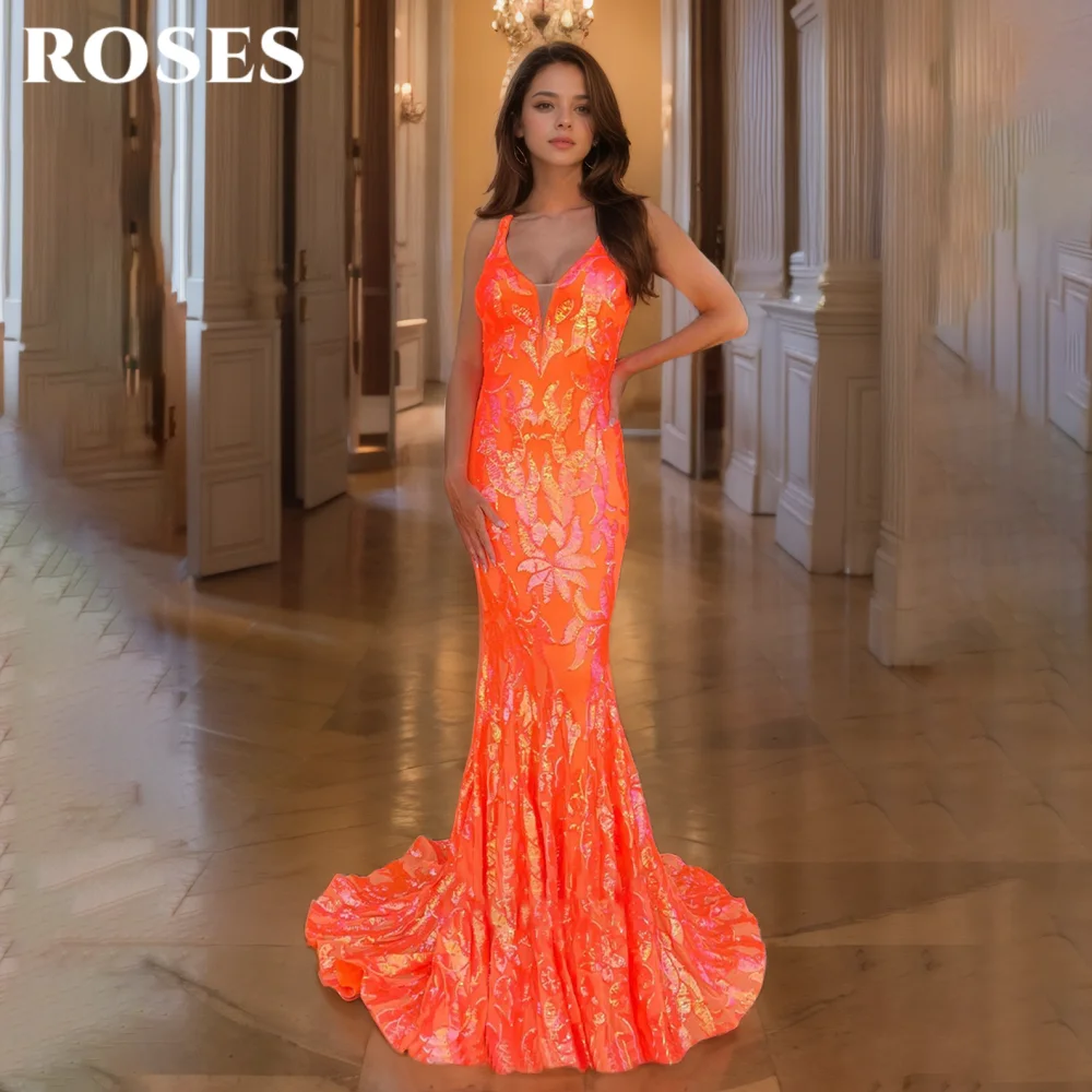 

ROSES Bright Orange Sexy Prom Dress V-Neck Tank Backless Prom Gown Shiny Lace Flower Type Mermaid Evening Dresses Customized