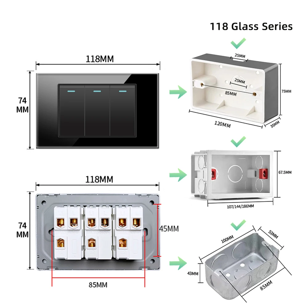 Shawader Light Wall Switch US Mexico Italy Chile Pressure Tempered Glass Panel Rectangle Panel for House Home Office Kitchen