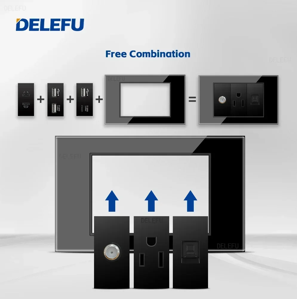 DELEFU glass black panel American Standard series 118*74mm wall computer combination socket switch